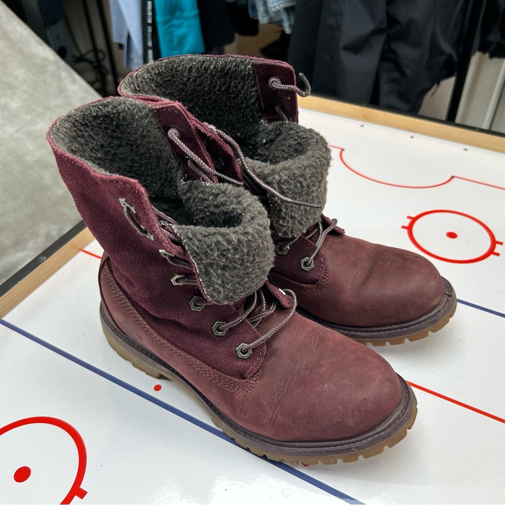 Timberland JAYNE TEDDY Fleece Burgundy Fold-Down WP Boots Womens Size‎ 6